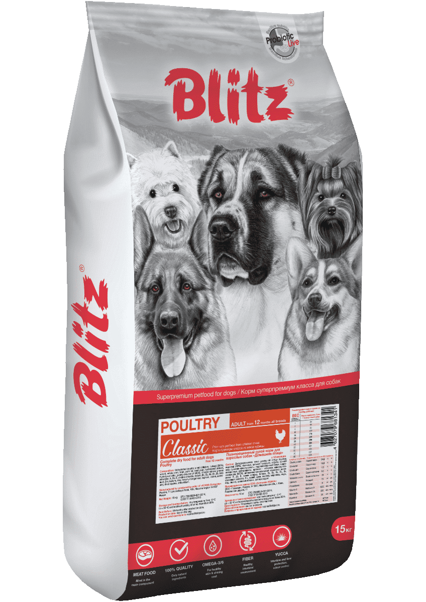 Корм Блиц Классик для взрослых собак всех пород с курицей и индейкой (BLITZ Adult Dog Poultry)