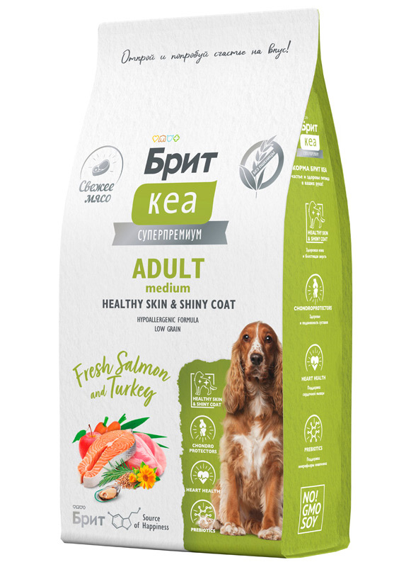 Сухой корм Брит Кеа Dog Adult Medium Healthy Skin & Shiny Coat для здоровой кожи и шерсти взрослых собак средних пород (Лосось, индейка)