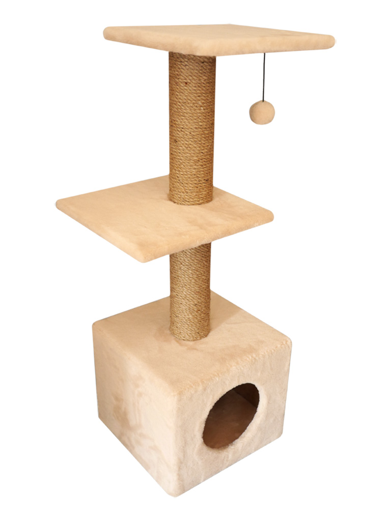 Домик Cat House с двумя полками с шариком на резинке (мех, джут), 100 см