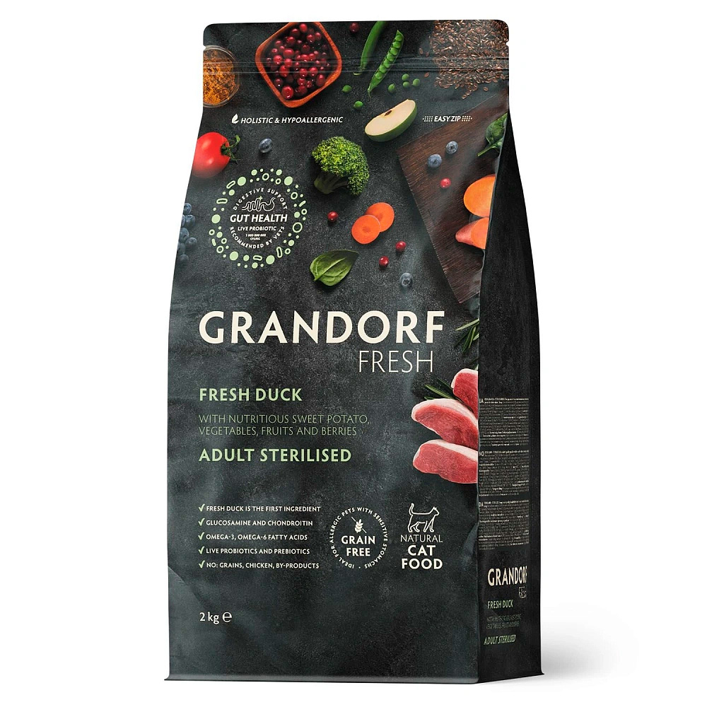 Беззерновой гипоаллергенный корм GRANDORF CAT Fresh Duck & Sweet Potato Adult STERILISED для взрослых стерилизованных кошек (утка и батат)