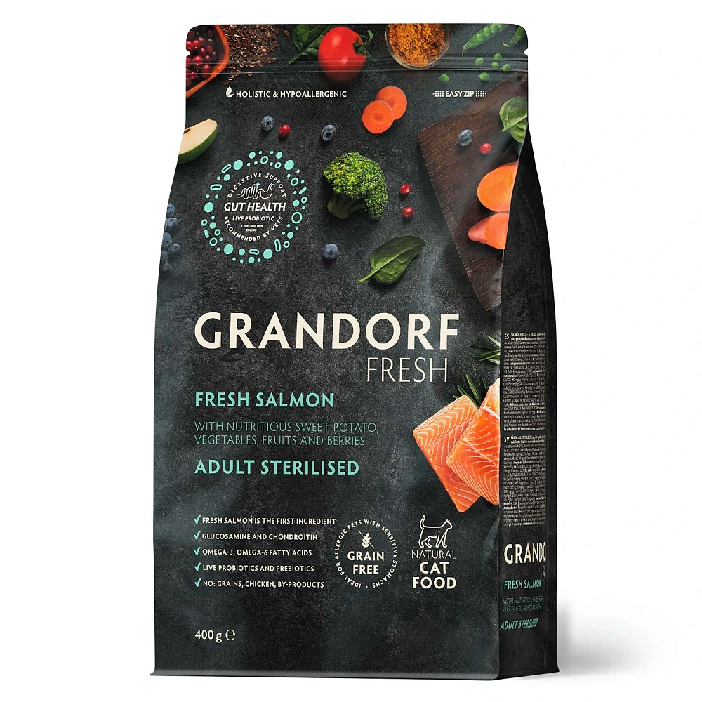 Беззерновой гипоаллергенный корм GRANDORF CAT Fresh Salmon & Sweet Potato Adult STERILISED для взрослых стерилизованных кошек (лосось и батат)