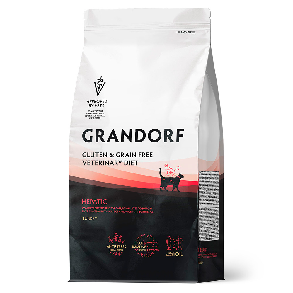 Полнорационный диетический корм GRANDORF VET Cat HEPATIC (Грандорф Вет Кэт Гепатик) для кошек для поддержания функции печени при хронической почечной недостаточности (Индейка)