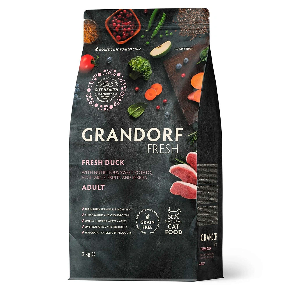 Беззерновой гипоаллергенный корм GRANDORF CAT Fresh Duck & Sweet Potato ADULT для взрослых кошек (утка и батат)