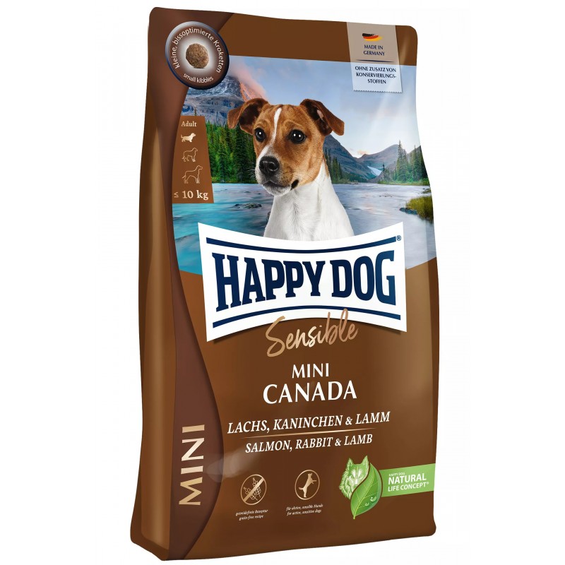 Сухой беззерновой гипоаллергенный корм для взрослых собак до 10 кг Happy Dog Mini Canada 25/14 (лосось, кролик, ягненок, мидии)