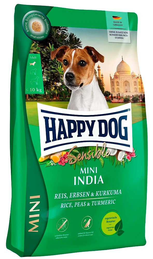 Сухой вегетарианский корм для мелких собак Happy Dog Sensible Mini India 26/12 (рис, горох и куркума)