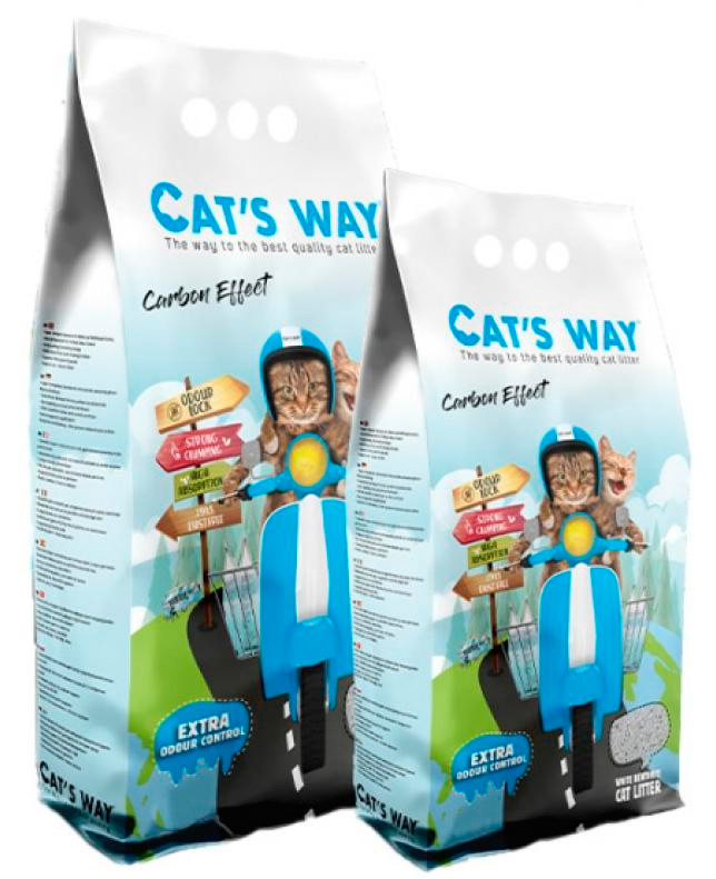 Бентонитовый комкующийся наполнитель Cat's Way Carbon Effect без аромата с антибактериальным углем