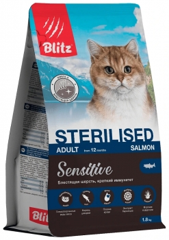 Сухой корм BLITZ Sensitive Adult Cat Sterilized Salmon для стерилизованных кошек с чувствительным пищеварением (Лосось)