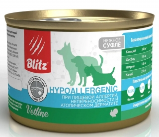 Консервы диетический корм BLITZ Vetline Hypoallergenic Dog (Гипоаллердженик) для собак при аллергии, непереносимости и атопическом дерматите (Индейка)