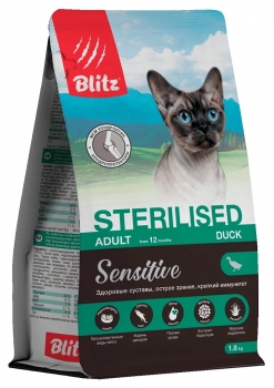 Сухой корм BLITZ Sensitive Adult Cat Sterilized Duck для стерилизованных кошек с чувствительным пищеварением (Утка)
