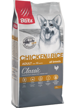 Корм Блиц Классик для взрослых собак всех пород курица с рисом (BLITZ Adult Chicken&Rice)