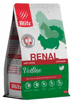 Корм диетический BLITZ Cat Vetline Renal для кошек при хронической почечной недостаточности (Индейка)