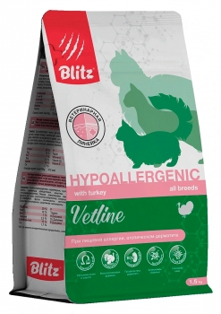 Корм диетический BLITZ Cat Vetline Hypoallergenic (Гипоаллердженик) для кошек при аллергии и атопическом дерматите (Индейка)