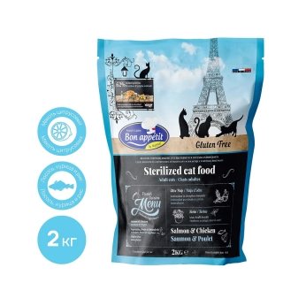 Корм Bon Appetit Sterilized для взрослых стерилизованных кошек с курицей и лососем