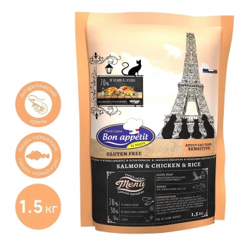 Корм Bon Appetit Sensitive для взрослых кошек с чувствительным пищеварением с лососем и курицей