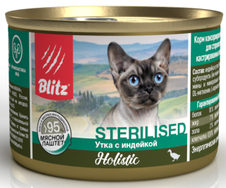 Консервы BLITZ Holistic Sterilised Cat для взрослых стерилизованных кошек и кастрированных котов (утка с индейкой), мясной паштет