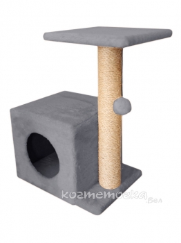 Домик Cat House с боковой полкой с шариком на резинке (мех, сизаль), 58 см