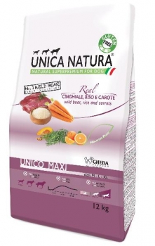 Сухой корм Unica Natura Unico Maxi для собак средних и крупных пород (Дикий кабан, рис, морковь)