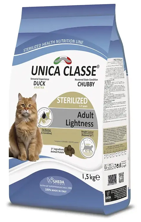 Сухой корм Unica Classe Adult Sterilized Lightness для стерилизованных кошек склонных к набору веса (Утка)