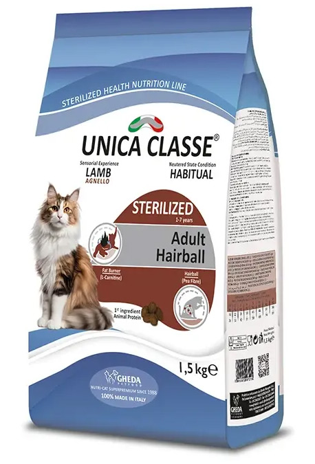 Сухой корм Unica Classe Adult Sterilized Luxury Hairball для стерилизованных кошек, выведение шерсти из организма (Ягненок)